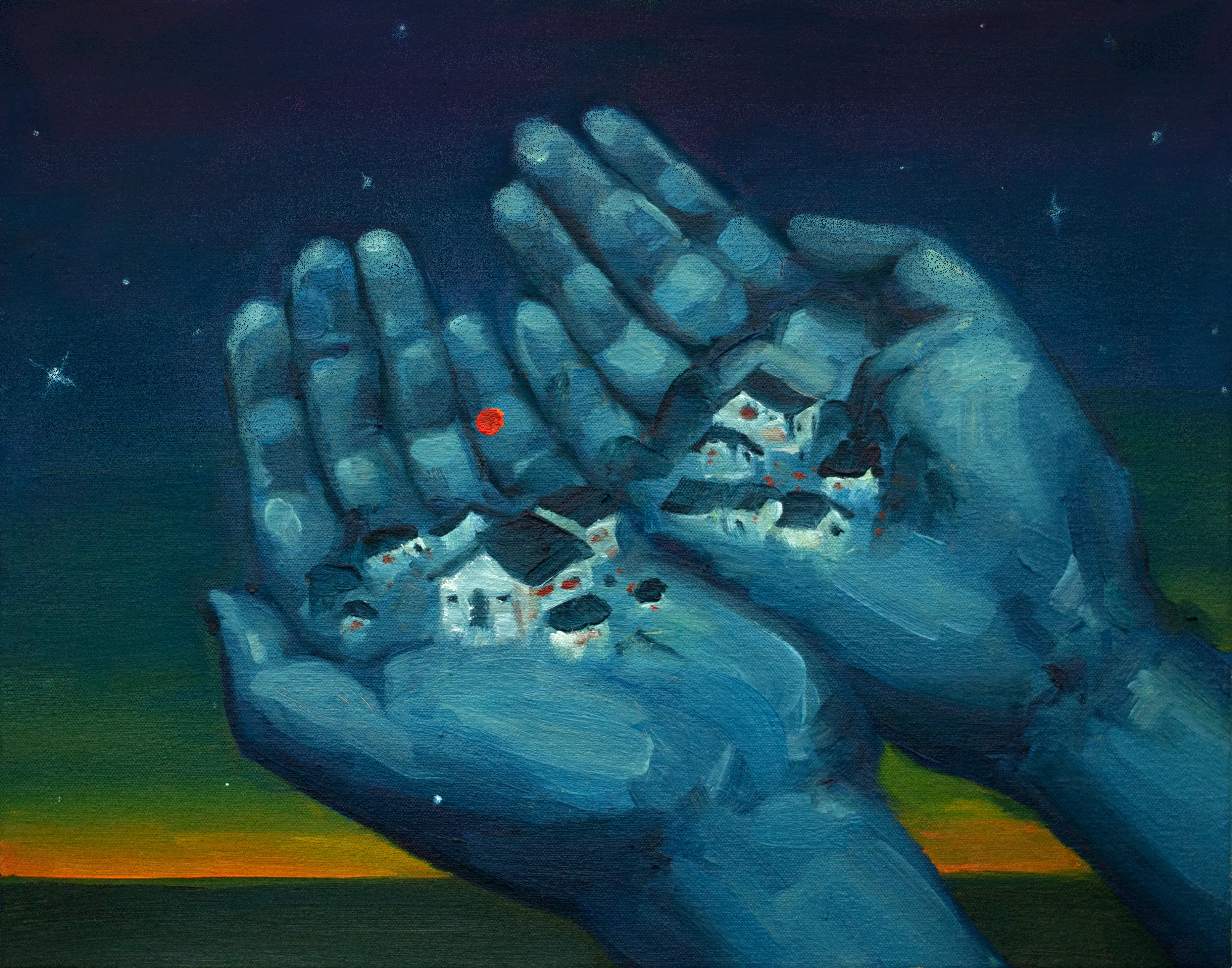 In Palms, 2022, oil on canvas, 20” x 24”